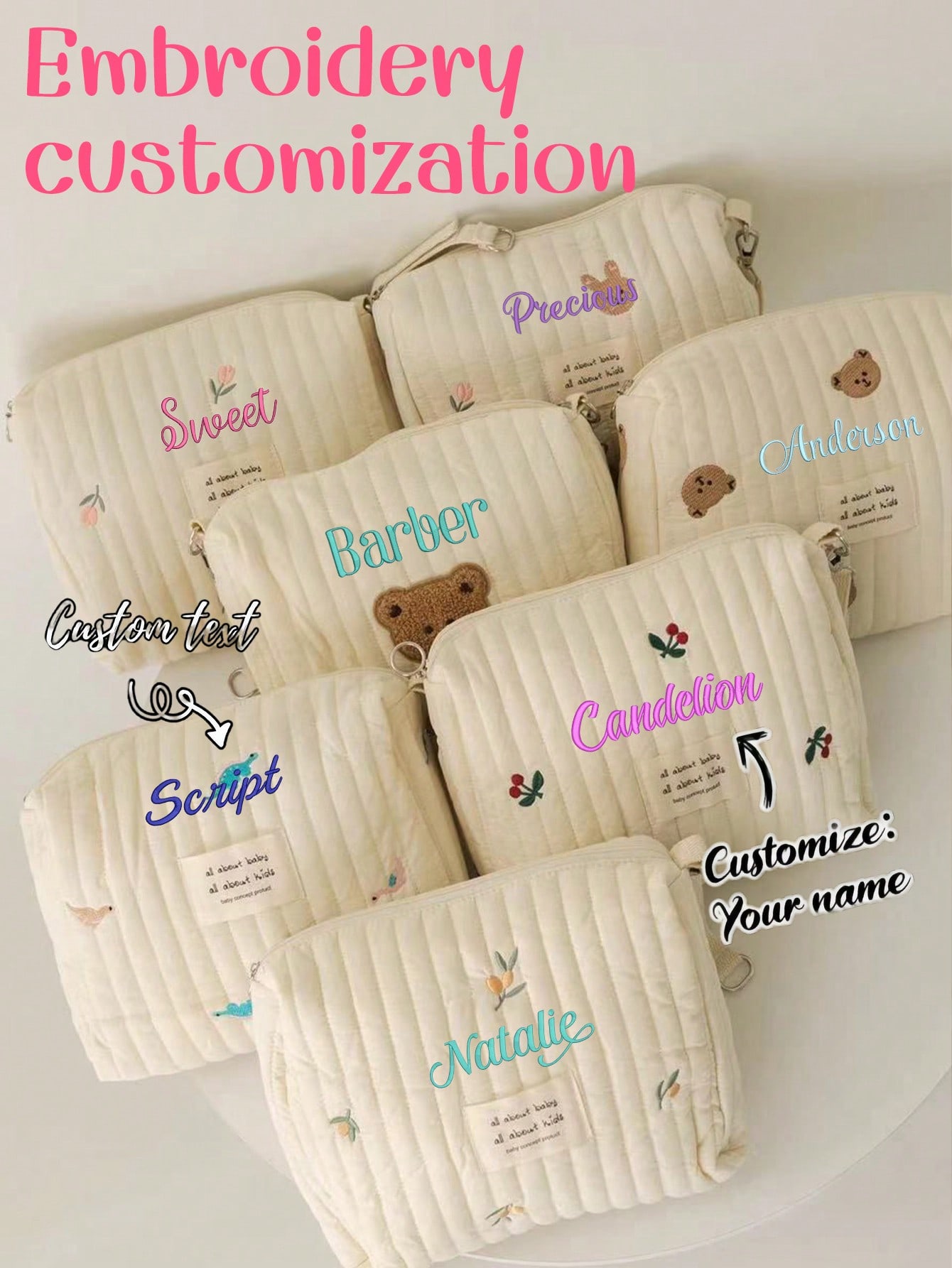 Custom Name Embroidery Baby Diaper Bag Quilted Storage Pouch Cute Bear Cosmetic Bag customize Mommy Organizer Gift