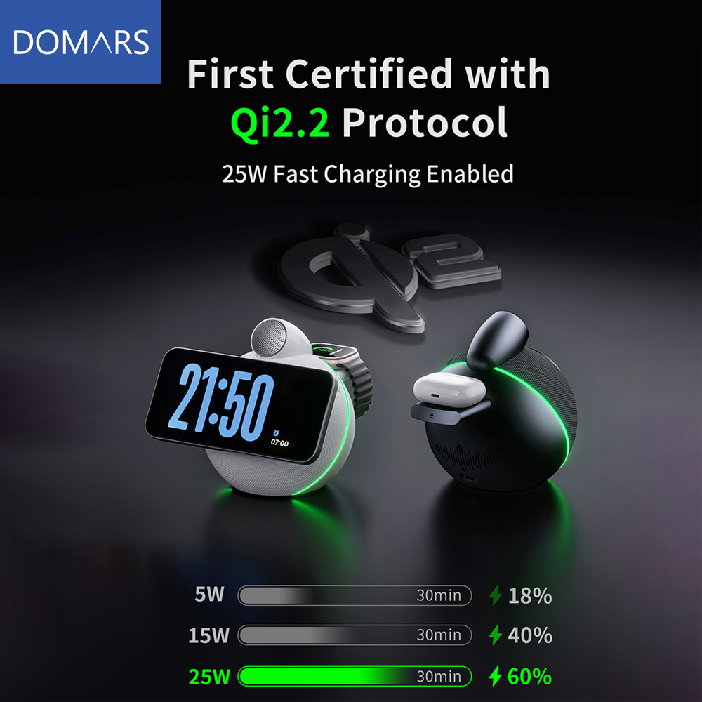 Domars Bluetooth RGB スピーカー Qi2.2 25 ワット高速ワイヤレス充電ステーション TWS ステレオ充電器 iPhone の腕時計 AirPods 充電ドック