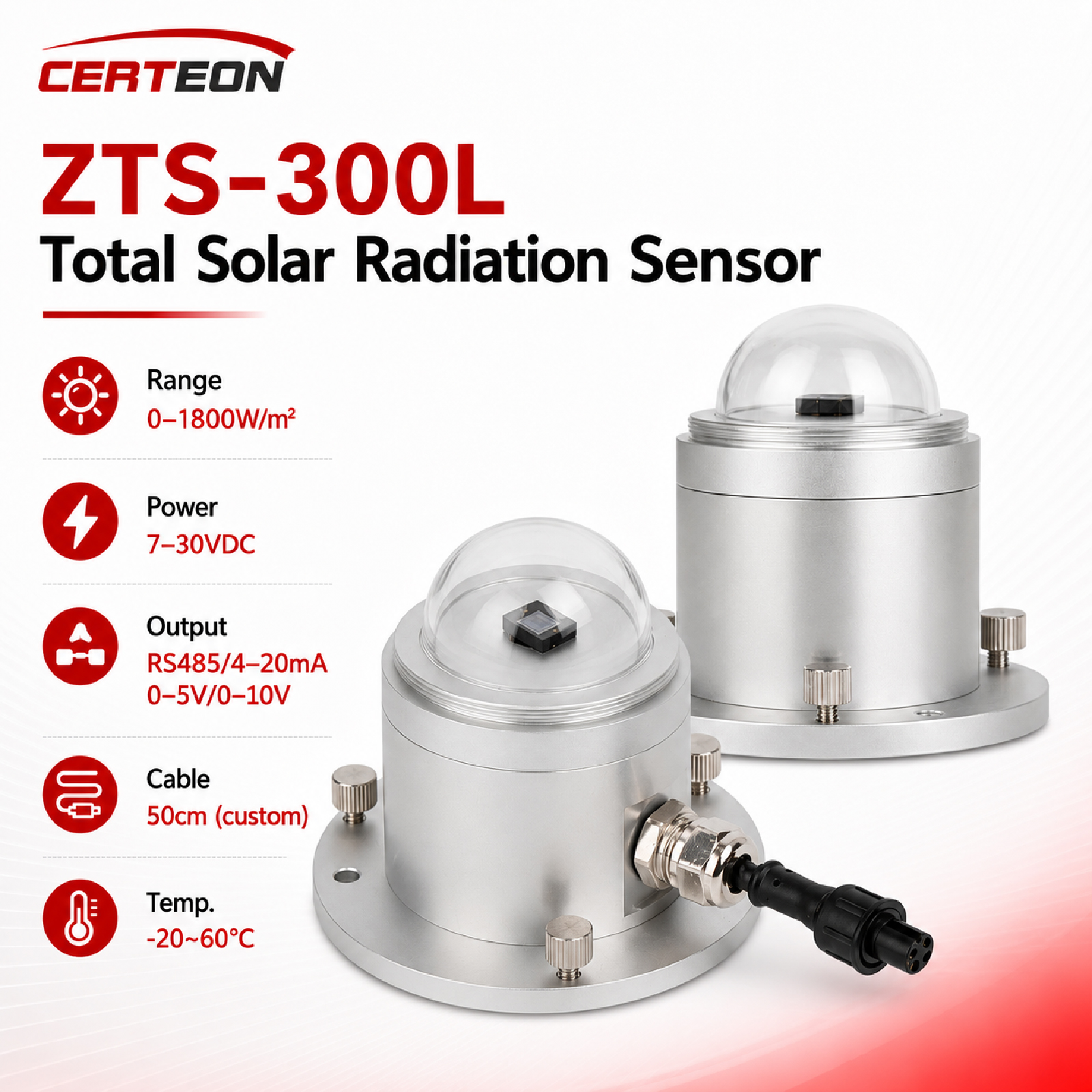 ZTS-300L 太陽放射センサー日射計放射照度計 RS485 4-20mA 0-10V 高精度農業用