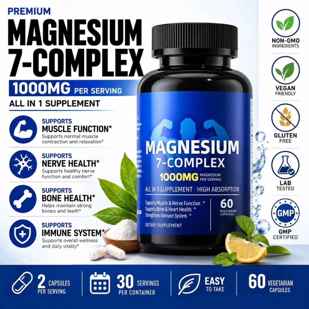 マグネシウム 7 複合体カプセル 1000mg、B6 D3 亜鉛配合、筋肉、神経、骨、心臓のサポートのための高吸収ビーガンフォーミュラ、60 個