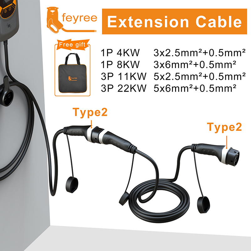 Feyree EV 充電ケーブル 16A/32A 4kW/8kW/11kW/22kW 電気自動車コード 5 メートルタイプ 2 EVSE 充電ステーションメス - オスプラグ