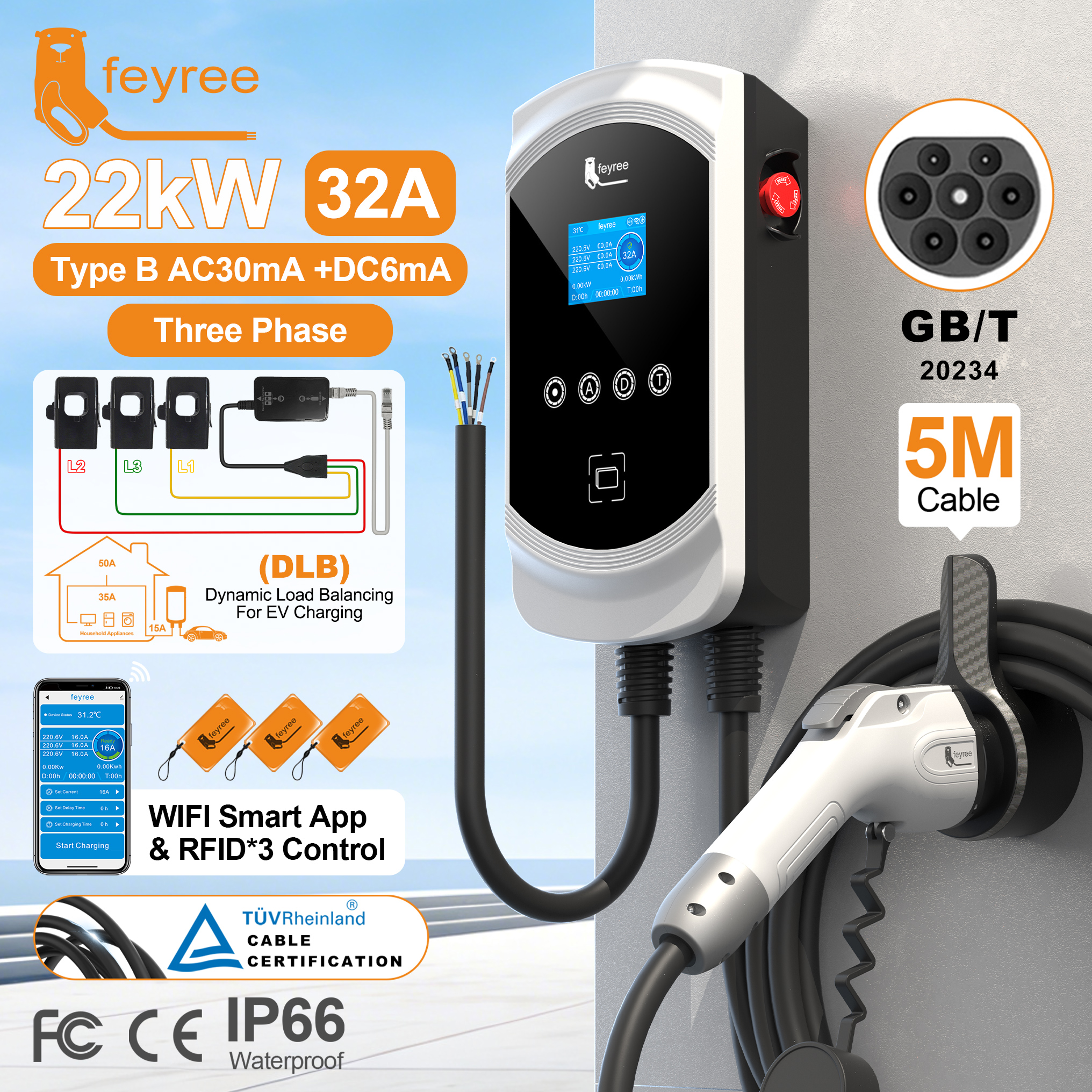 Feyree EV 充電器 GB/T ソケット 32A 3 相 22kW 急速充電 EVSE ウォールボックス負荷バランス機能 AC 家庭用充電器電気自動車用