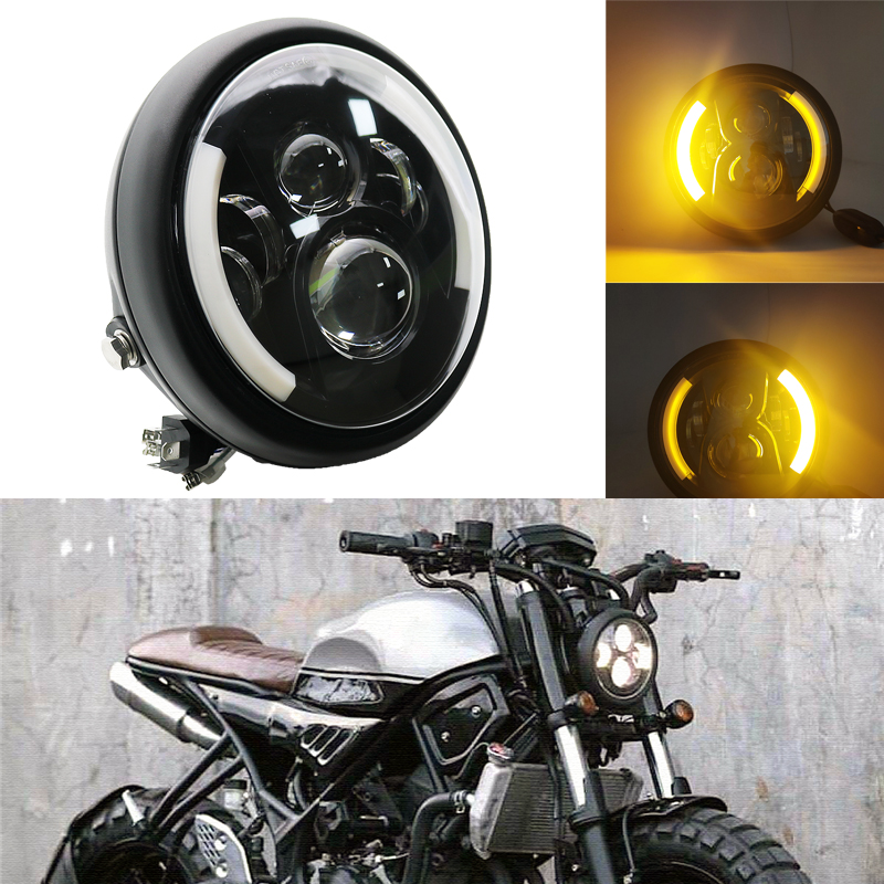 7.5 インチ Led ヘッドライトカフェレーサーカワサキヤマハホワイト/アンバーユニバーサルオートバイ Led ヘッドランプチョッパーランプ部品