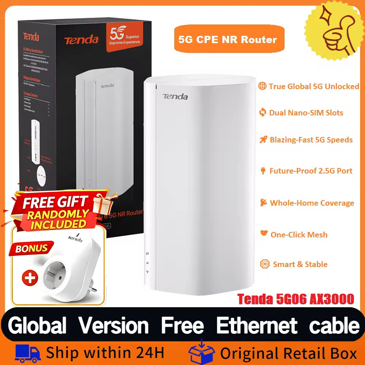 Tenda 5G CPE SIM ルーター AX3000 Wi-Fi 6 ワイヤレス CPE モデム WiFi ホットスポット 5G/4G/3G マルチモード 2.4Ghz 5Ghz ホームインターネットメッシュルーター