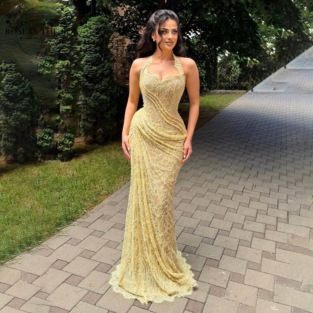 Halter Evening Dresses Yellow Mermaid Lace فساتين سهرة Ruched Waist Floor Length Sexy vestido de novia Women's Gowns Customized