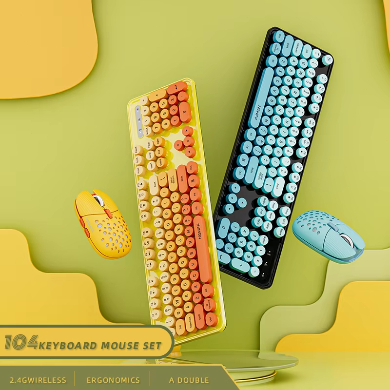 104 キー 2.4G ワイヤレス ゲーミング キーボードとマウスのコンボ、かわいいレトロなラウンド キーキャップ人間工学に基づいたキーボード、マルチメディア ファンクション キー付き