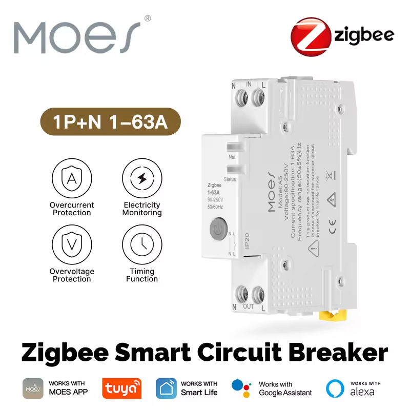 MOES Tuya Zigbee スマートサーキットブレーカー 63A アラームしきい値セット電気モニター V0 耐火性 Alexa Google ホーム用