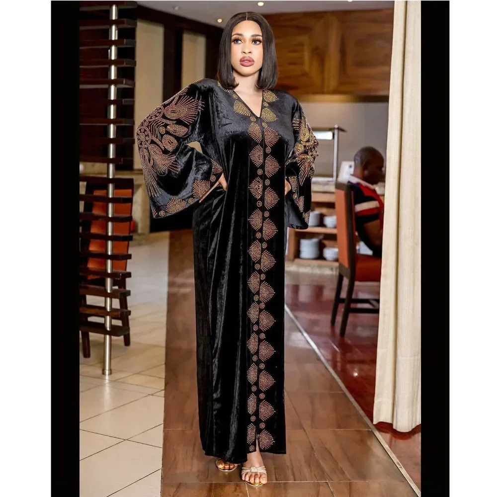 ベルベットアフリカドレス女性のためのイブニングパーティードレス Dashiki アフリカ服ロングローブドバイモロッコフレアスリーブナイジェリアガウン