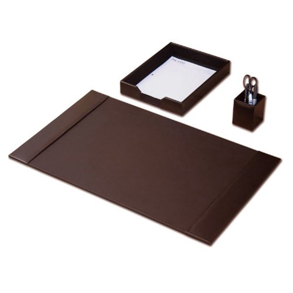 Desk Accessory Set 3-piece Genuine Brown Leather Desk Pad Desk Mat for Work Office