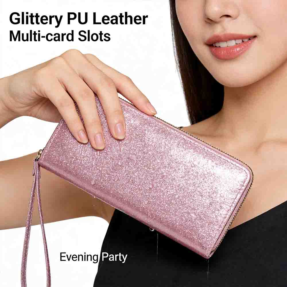 女性グリッター長財布キラキラジップアラウンドクラッチバッグブリンブリン光沢のあるイブニングパーティー財布リストレット電話ハンドバッグ PU カードホルダー
