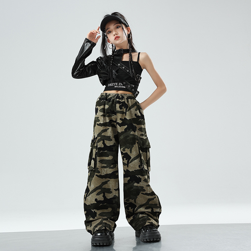 New Girls Jazz Dance Costume Leather Single Sleeve Camouflage Pants Suit Group Street Dance Clothes Sets Cool Hip Hop Outfits