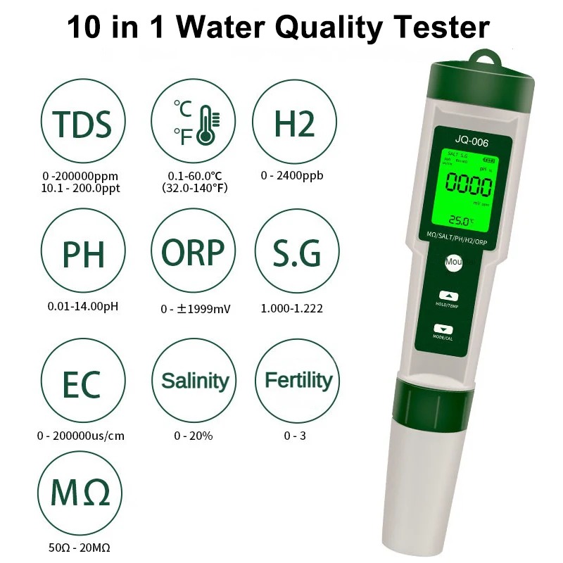 10 in 1 水質モニター PH/EC/TDS/ORP/H2/肥沃/塩分/S.G/比抵抗/温度水族館プール用多機能テスター