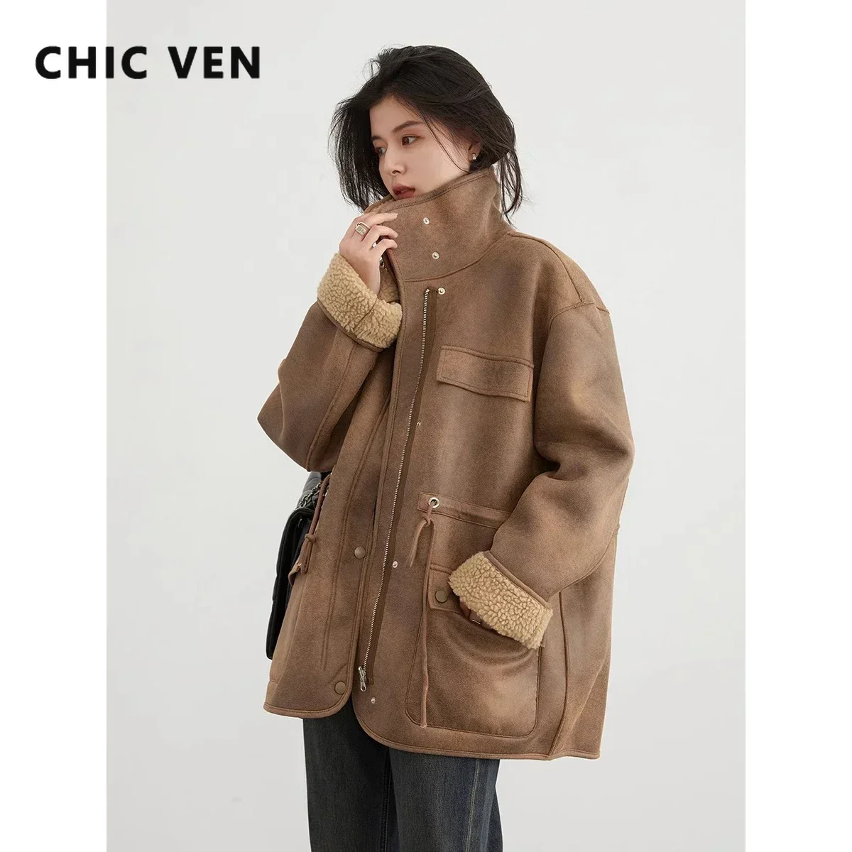 シック VEN 女性のジャケット厚く暖かい固体スエードリバーシブルジャケットオートバイアウターコートルーズ女性オーバーコート冬秋 2023