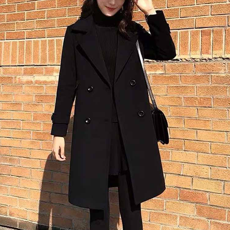 女性秋冬黒ウールコート女性のスーツの襟韓国のファッションウールブレンドオーバーコートミッドレングス追加綿暖かいジャケット