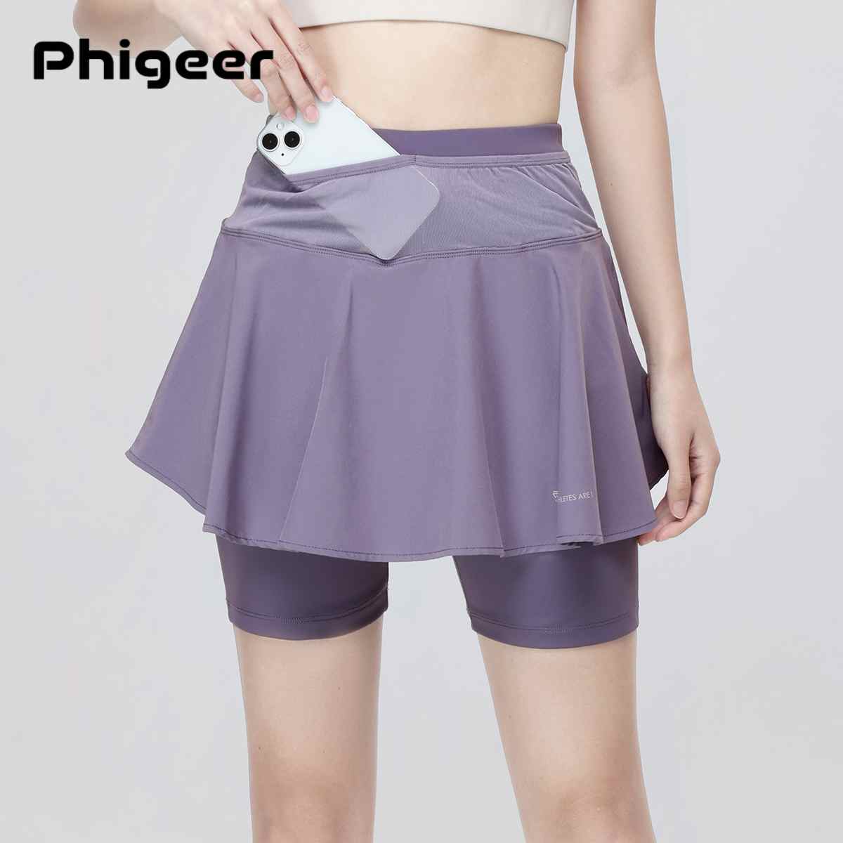 PHIGEER レディース テニススカート、ハイウエスト 2 in 1 スポーツスカート、ポケット付き、ランニング バドミントン、ゴルフウェア用アスレチック スコート
