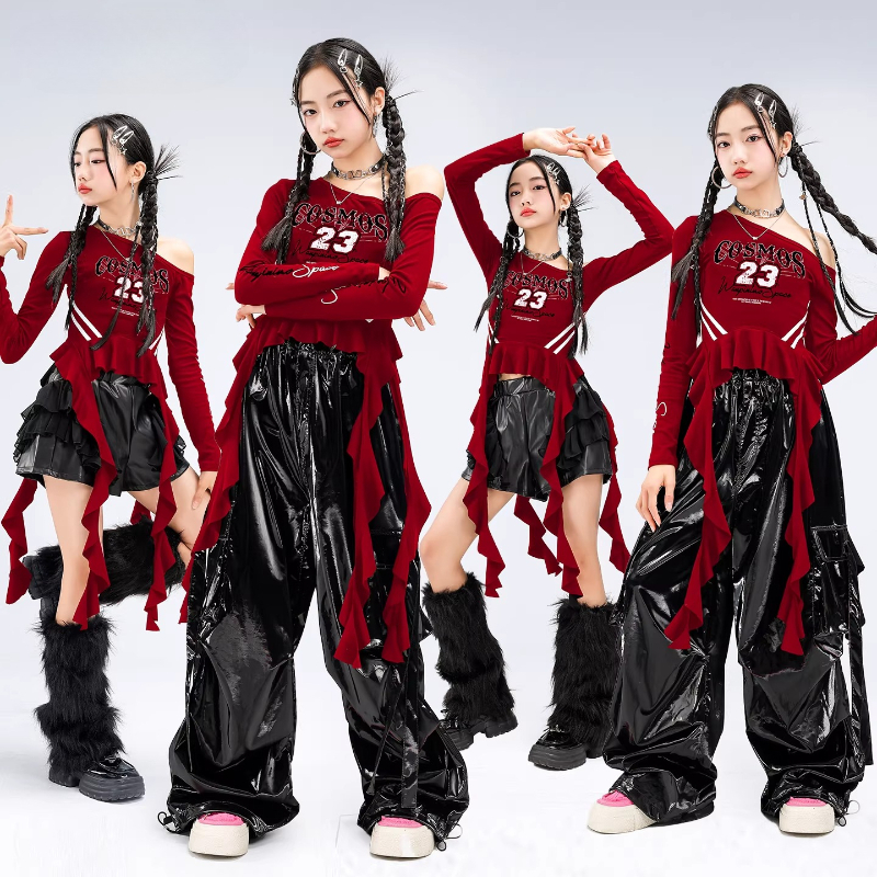 女の子ヒップホップオフショルダークロップトップ黒ショーツカーゴパンツクールストリートグループ K-POP ダンス服セットステージショー衣装