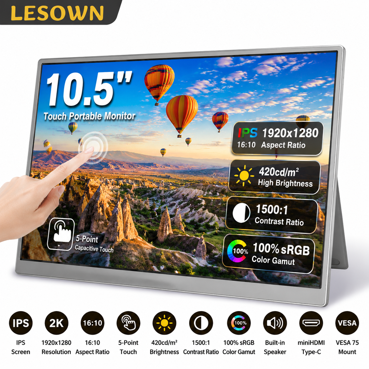 LESOWN 10.5 インチ タッチスクリーン ポータブル モニター 2K LCD ドライバー不要のラップトップ用スピーカー付き外部ディスプレイ