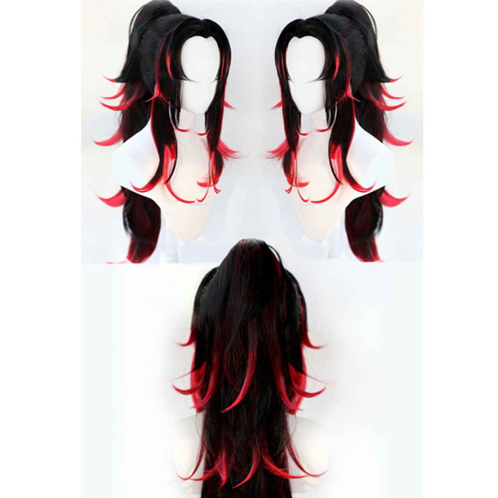 HAIRJOY 人工毛 KNY 黒死牟ロングストレートポニーテール赤黒コスプレウィッグパーティーウィッグハロウィンウィッグ