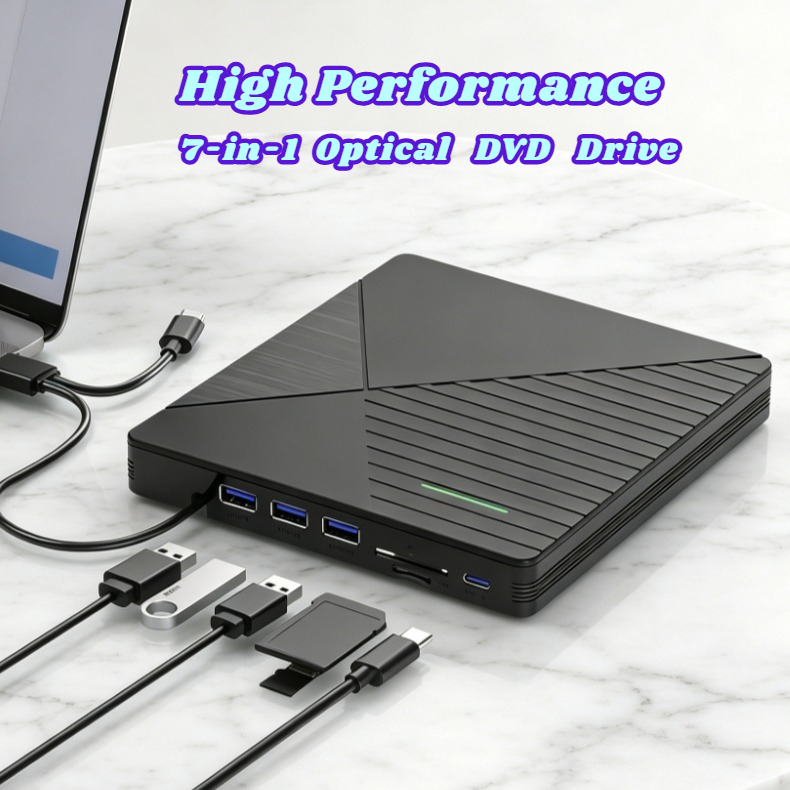7-in-1 外付け CD DVD RW 多機能光学式 USB 3.0 ドライブ ラップトップ PC 用 - DVD プレーヤー リーダー バーナー Windows 10/11 Mac 用
