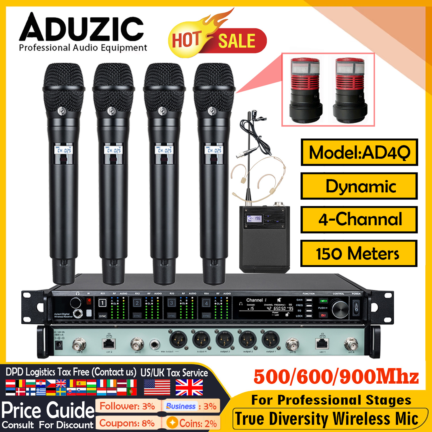 Aduzic AD4Q 4 チャンネル真のダイバーシティワイヤレスマイクシステム 500/600/900MHz プロフェッショナルステージ Microfone KSM11 ダイナミックマイク