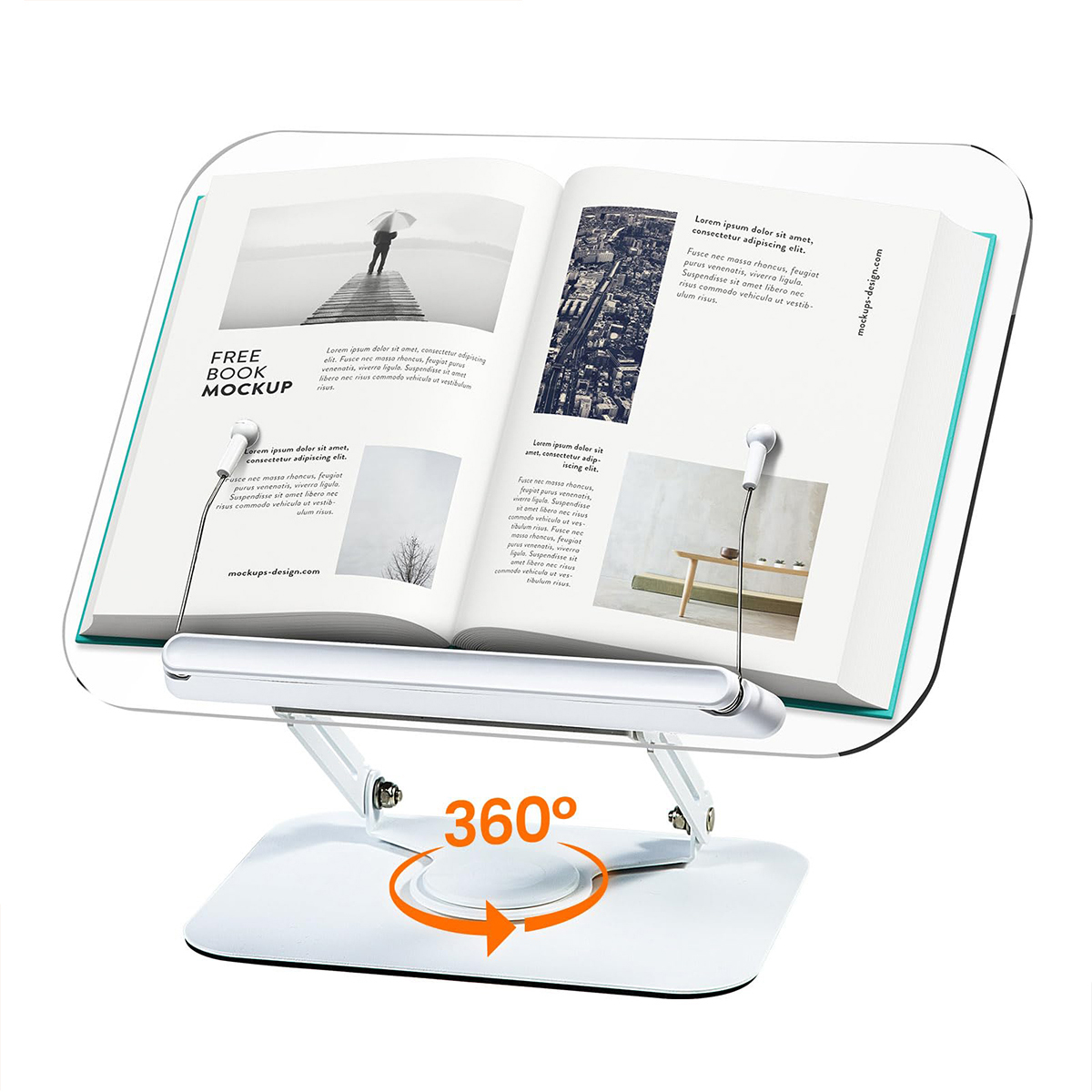360°回転ベース付き調節可能なブックスタンド – 折りたたみ式リーディングライザー、本用の弾性ページクリップ