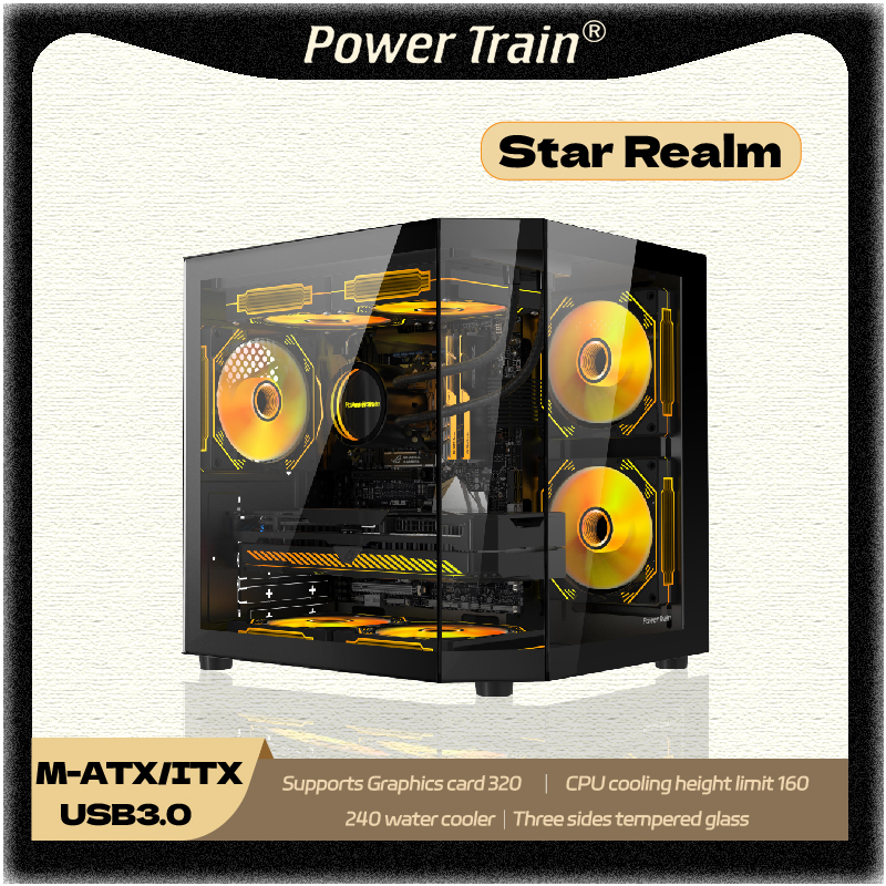 パワートレインスターレルム M-ATX PC ケース三面ガラスパノラマシービュールーム 240 ウォータークーラーデスクトップコンピュータシャーシ