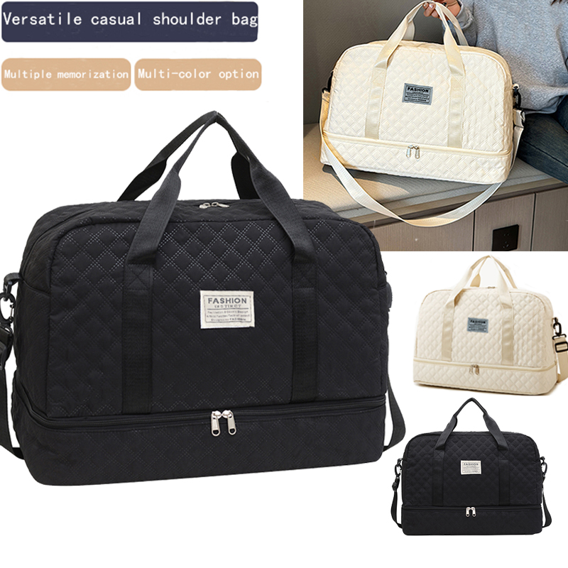 毎日の旅行に最適な洗練された多目的ダッフルバッグスタイリッシュな「FASHION」エンブレムキルティング軽量広々としたカジュアルな機能的なバッグ