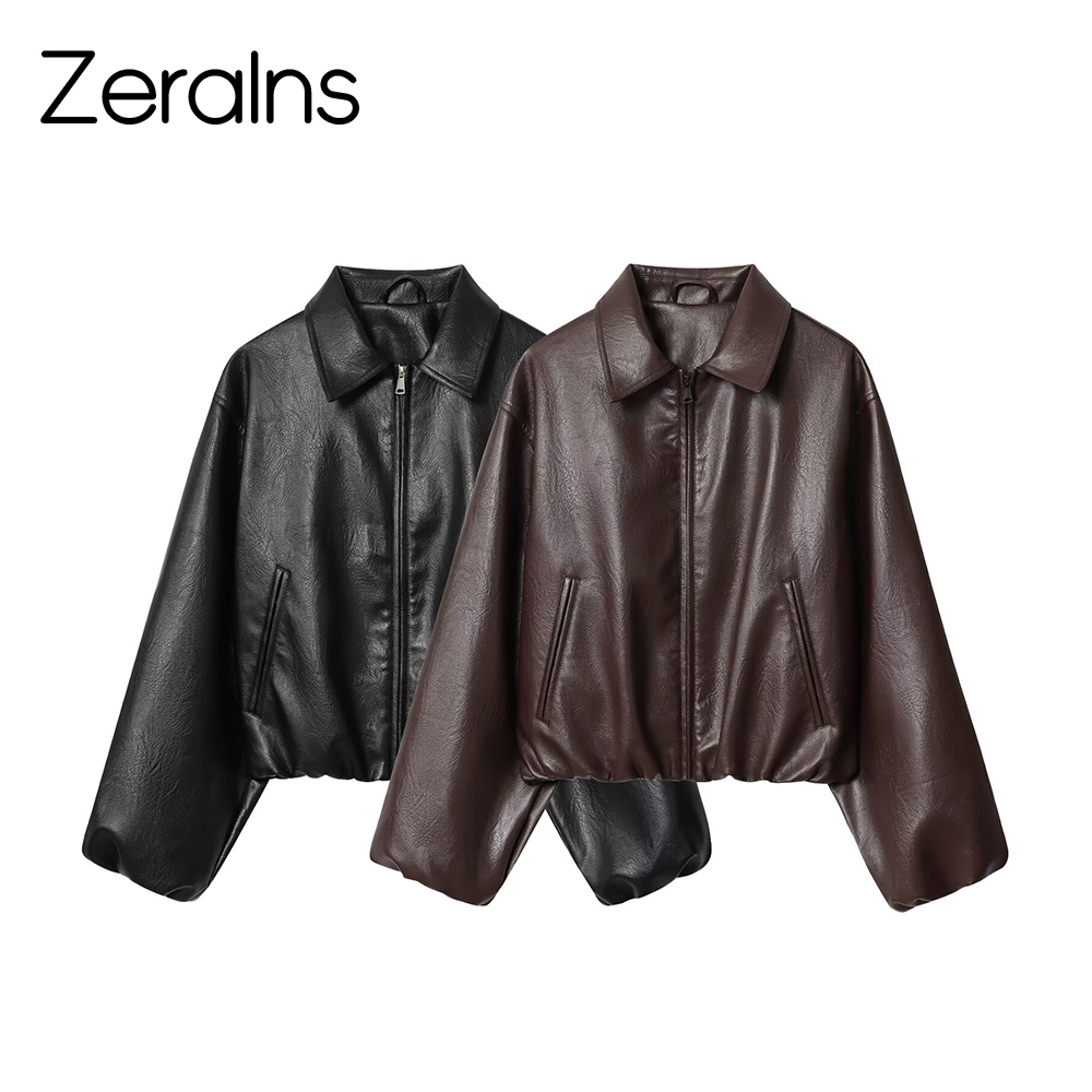 ZERAINS 秋の新婦人服ヨーロッパとアメリカのラペル長袖ルーズ PU レザーパイロットジャケットジャケット