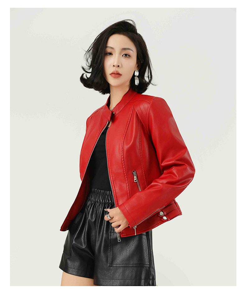 ファッション女性のレザージャケット PU ショートジャケットスタンドカラー秋薄いレザージャケット赤オートバイパンクレザージャケット