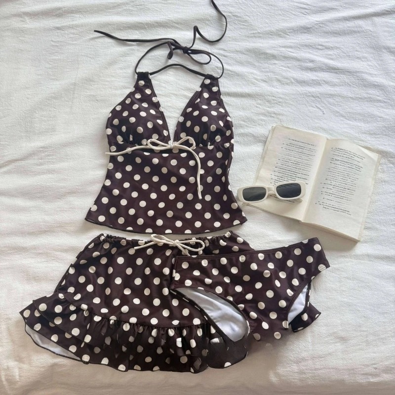 ヴィンテージクロップトップ水着 Y2k 女性のドット 3 ピースビキニセット夏原宿甘いセクシーなビーチ水着シックなビーチ Biquinis