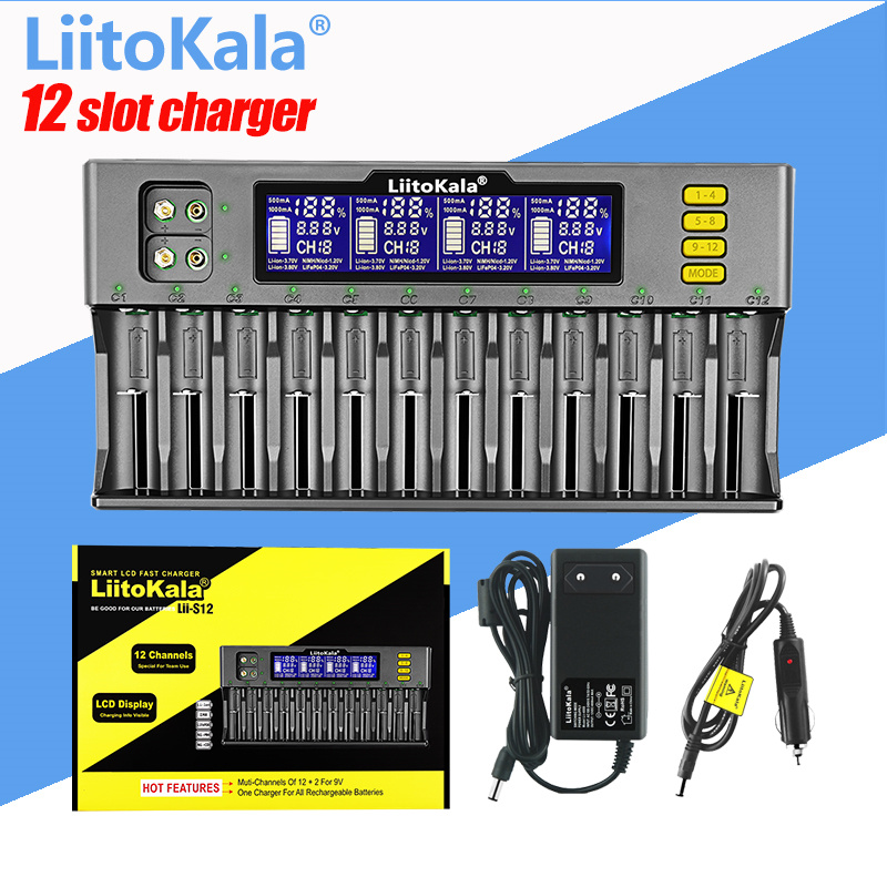 LiitoKala Lii-S12 12 スロット LCD バッテリー充電器 Li-ion LiFePO4 Ni-MH Ni-Cd 9V 21700 20700 26650 18650 16340 18350 RCR123 18700用