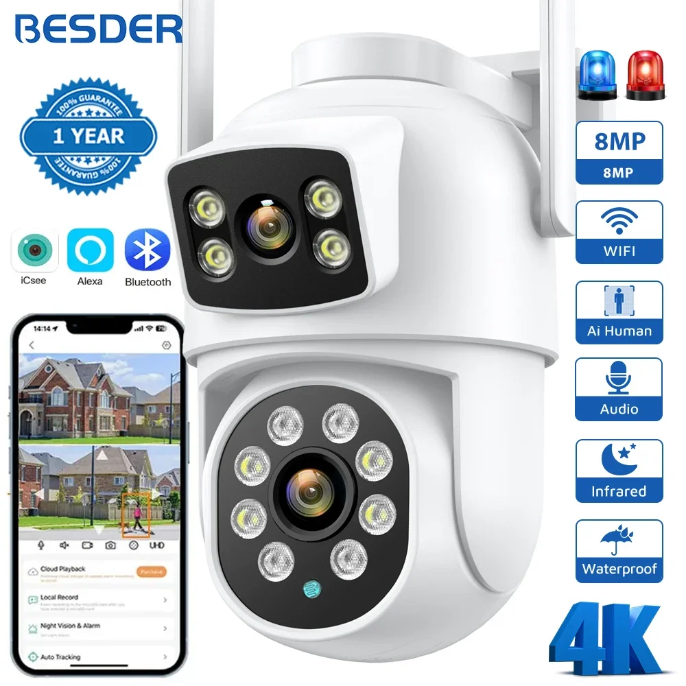BESDER 4K 8MP Wifi カメラ PTZ 屋外デュアルスクリーン人体検出デュアルレンズ 4MP セキュリティ保護 IP カメラオーディオ iCSee アプリ