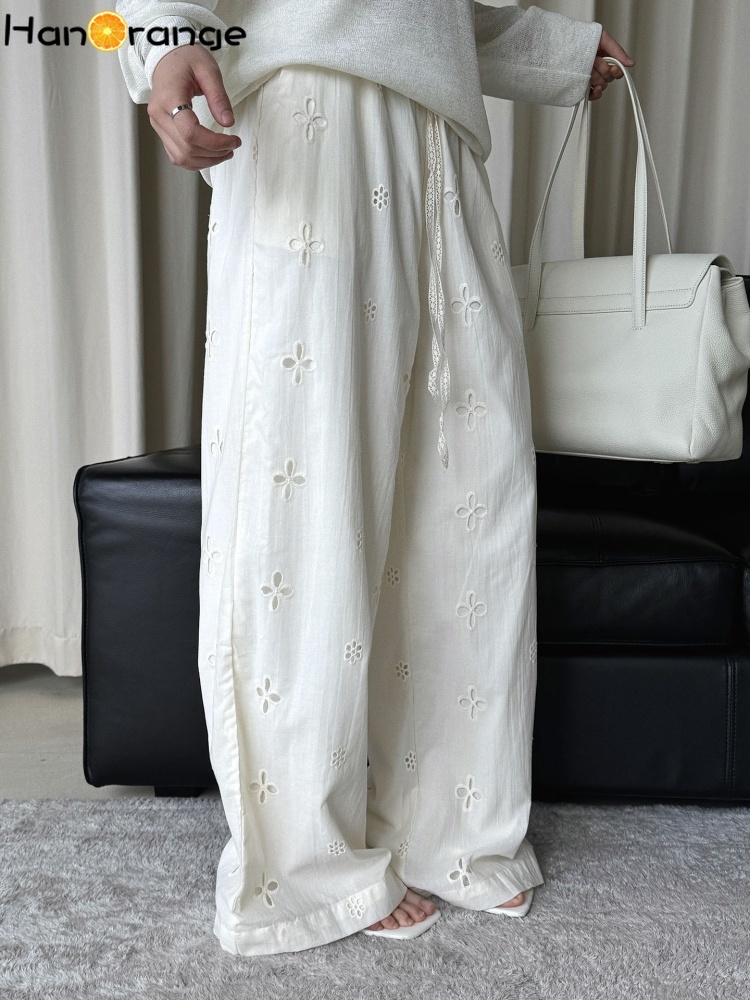 女性の刺繍パンツ夏中空カジュアル綿休暇 2026 弾性ウエストストレートズボン女性のための