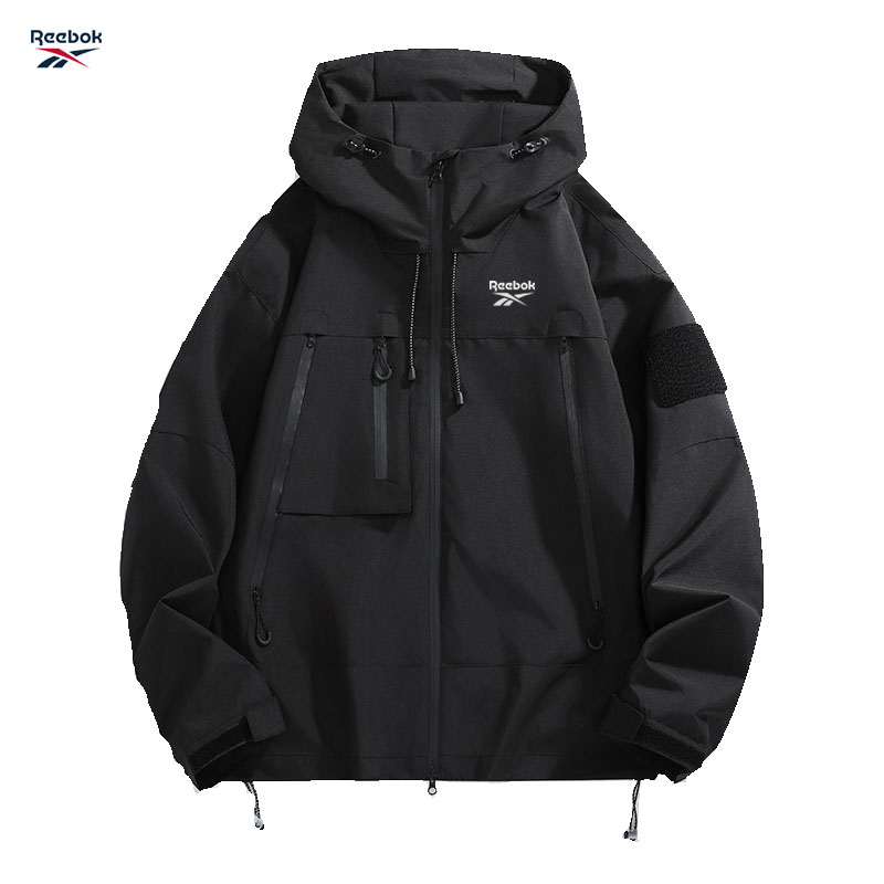 Reebok Men's Hooded Jacket, Black Waterproof Sliding Windproof Coat, Multi-Zip Design Camping Loose-Fitting Softshell Hiking Jac