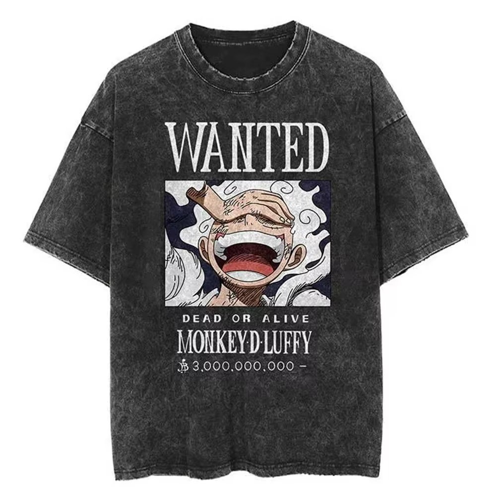 2026 新アニメワンピースルフィ高品質 Tシャツ男性と女性の綿ヴィンテージウォッシュプリントレトロストリート家族マッチング