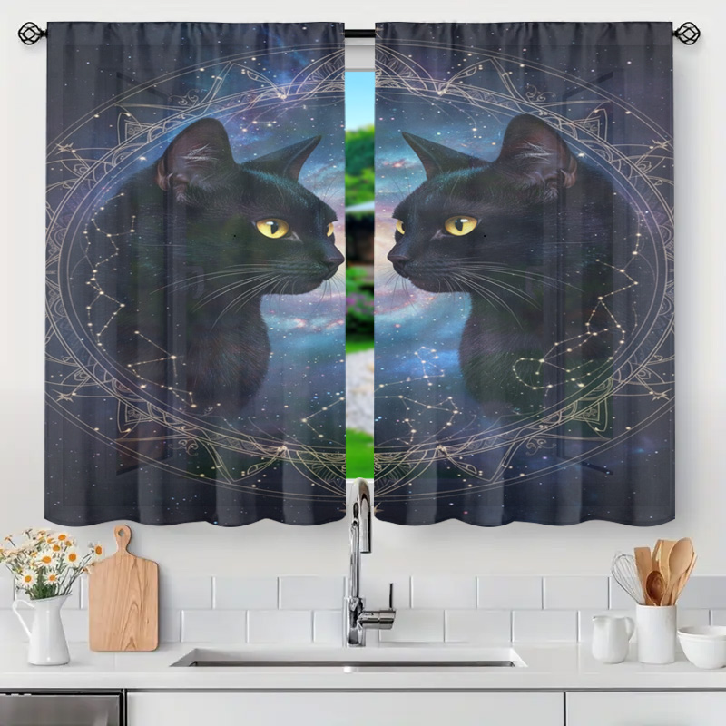 ミスティック黒猫天体カーテンパネル装飾占星術干支シャワーカーテン家の装飾猫恋人ギフト窓トリートメント