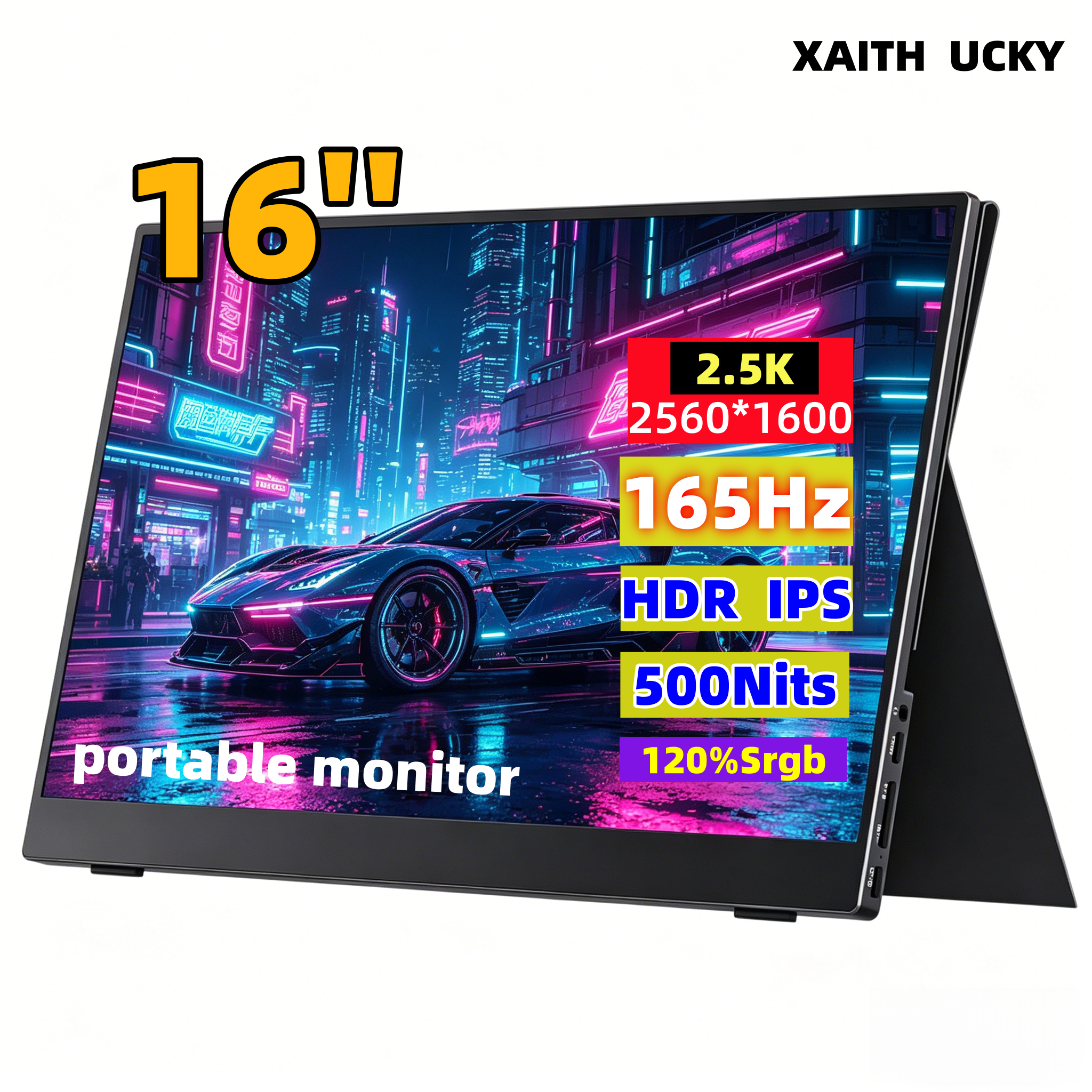 XAITH UCKY 16 インチ 2K ポータブル モニター、2560×1600、500 ニット、120% sRGB、165Hz HDR、HDMI