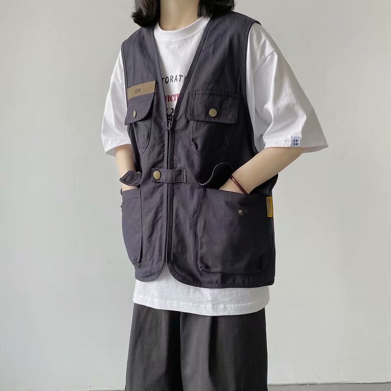 日本 Sle ルーズカジュアルデニムベスト女性夏薄型多用途ルーズアウター作業服ベスト V-Ne マルチケットデザイン