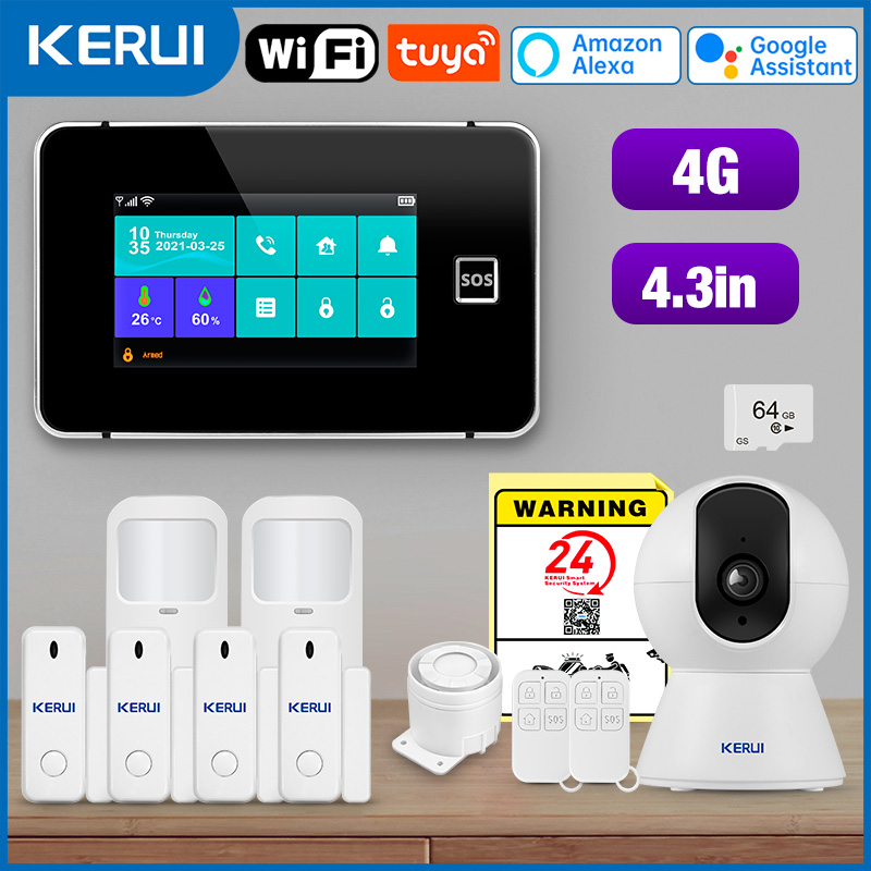 KERUI ワイヤレスホーム警報システム、Tuya スマートリモコン付き 4G 盗難警報システム、4.3 インチディスプレイ、音声プロンプト G64B