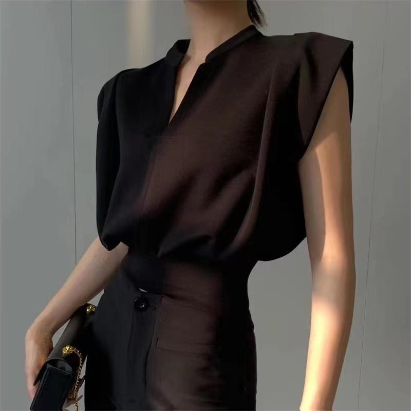 黒 V ネックショートシャツ夏のクロップトップ女性のファッションノースリーブシャツエレガントなオフィスレディ服トップカジュアルブラウス