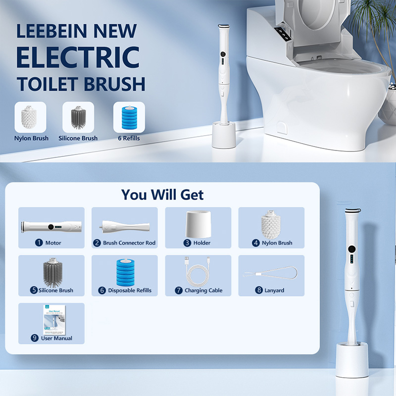 電動トイレブラシとホルダーセット 9 in 1 電動便器洗浄キット 交換用ブラシ付き ナイロンとシリコントイレ