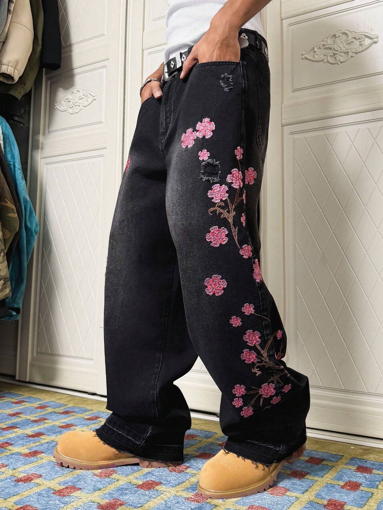 メンズ ブラック ヴィンテージ ルーズ ワイドレッグ ジーンズ、四季通用 ストリート スタイル リップド デニム パンツ 桜刺繍付き