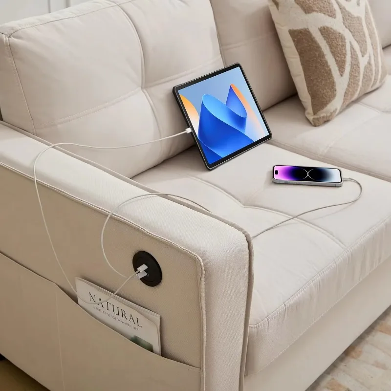 -モダンなソファ カウチ、ファブリック リネン ディープ シート ミッドセンチュリー カウチ、USB 充電ポート 2 つと布張りクッション付き (ベージュ シェニール)