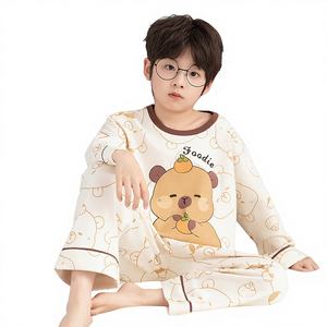 男の子用 保温性・柔らかなプリントパジャマ 春・秋用 純綿 長袖 薄手 ティーン向け ルームウェアセット キャラクター柄
