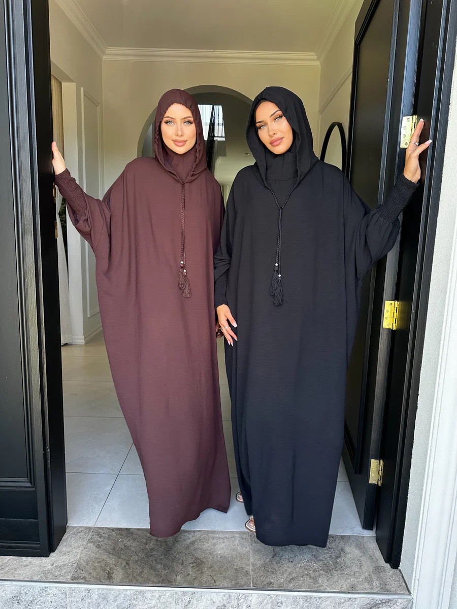イードイスラム教徒の女性アバヤ無地フード付き巾着ルーズロングローブイスラムドバイトルコ祈りの服