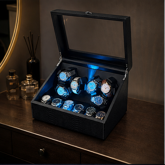 Crocodile Texture Leather 6+6 Watch Winder, Mabuchi Ultra Quiet Motor Auto Rotation Watch Box with LED Atmosphere Light