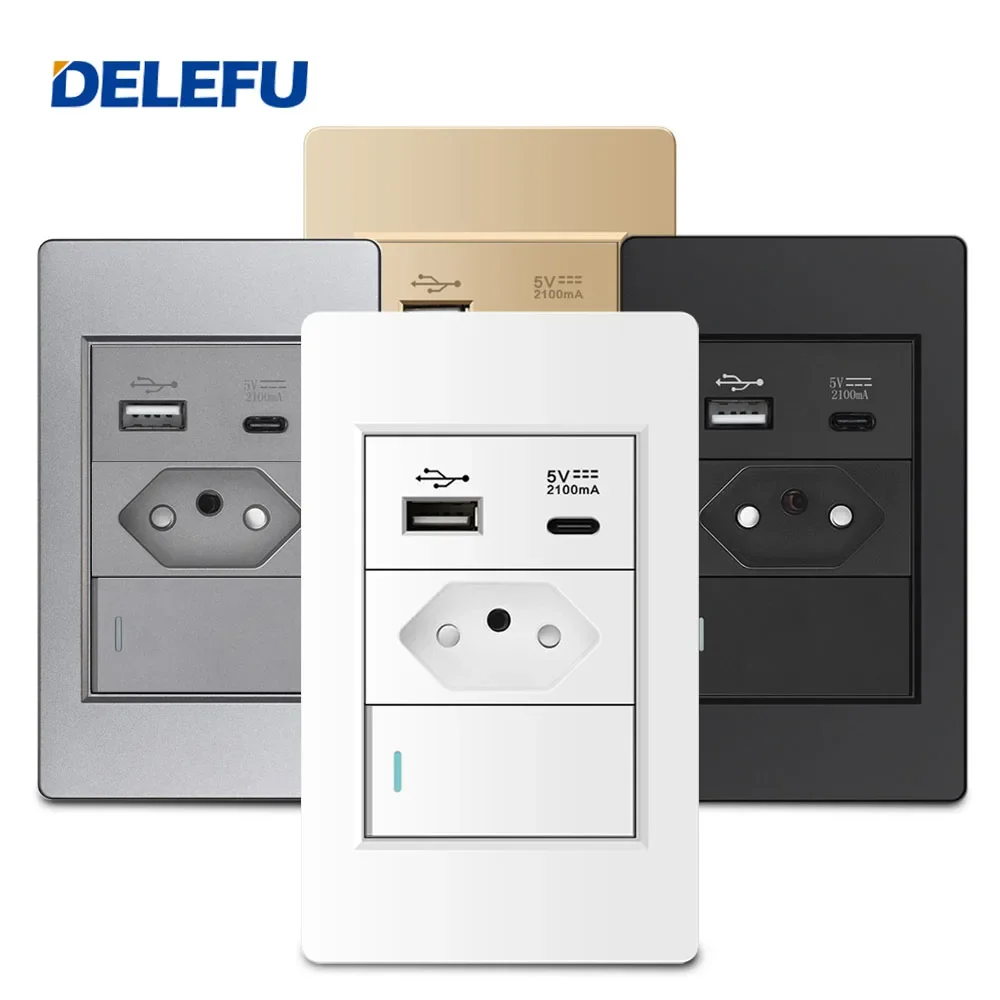DELEFU 4*2 PC ブラジル標準コンセント 10A 20A スイス多機能シングル Usb タイプ C 壁ソケットライトスイッチ