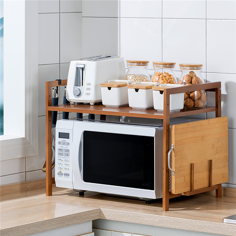Kitchen Microwave Oven Storage Rack 1 Layer Bamboo Adjustable  Countertops Organizer Shelf Hanging Hook Chopping Board Holder