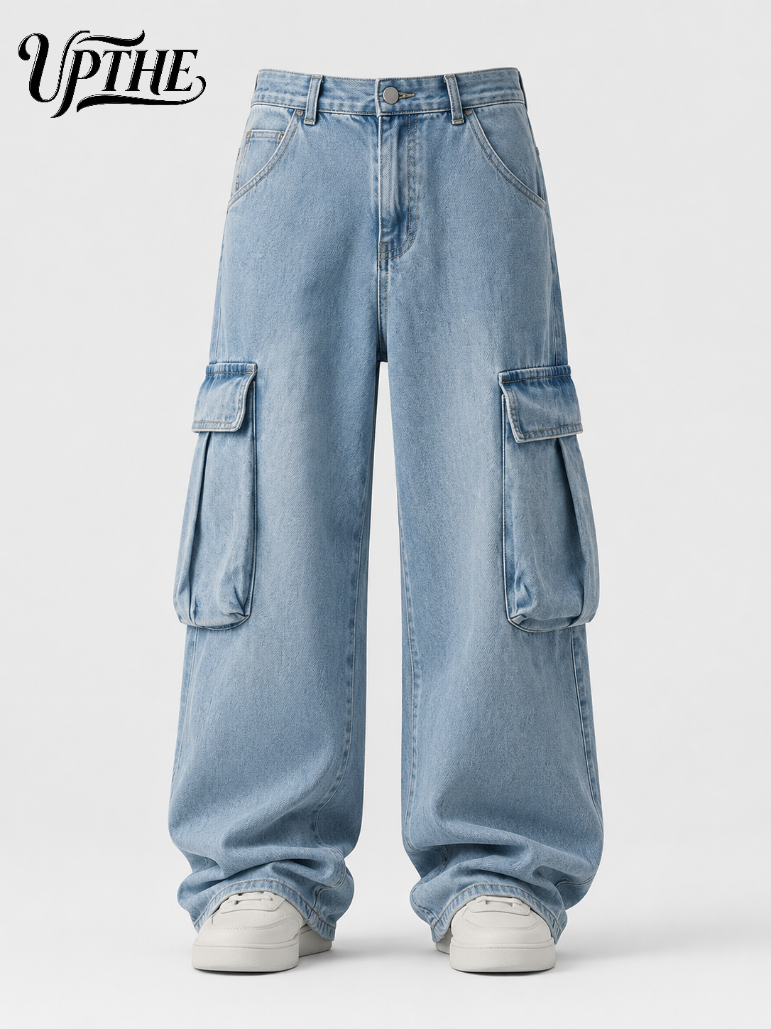 UP.THE Men Light Wash Cargo Baggy Wide Leg Jeans, Y2K Oversized Loose Denim Pants, Multi Pocket Streetwear Trousers for Daily Outfits