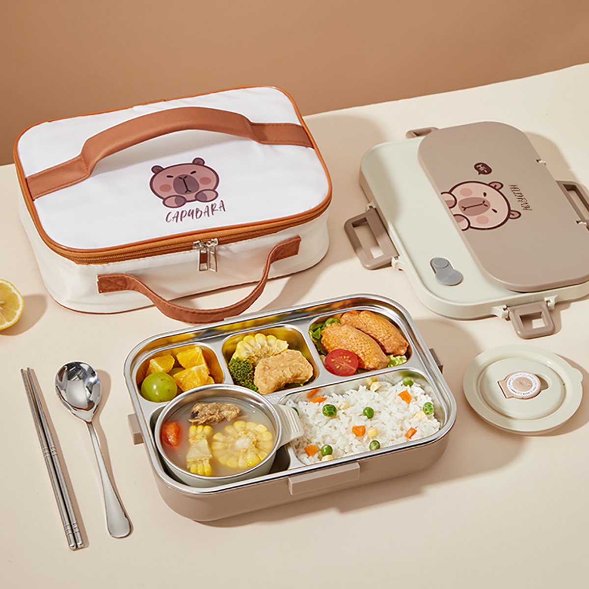 Capybara 304 ステンレス鋼のランチ容器セット 4/5 グリッド学生子供ポータブルランチボックスとスープボウル